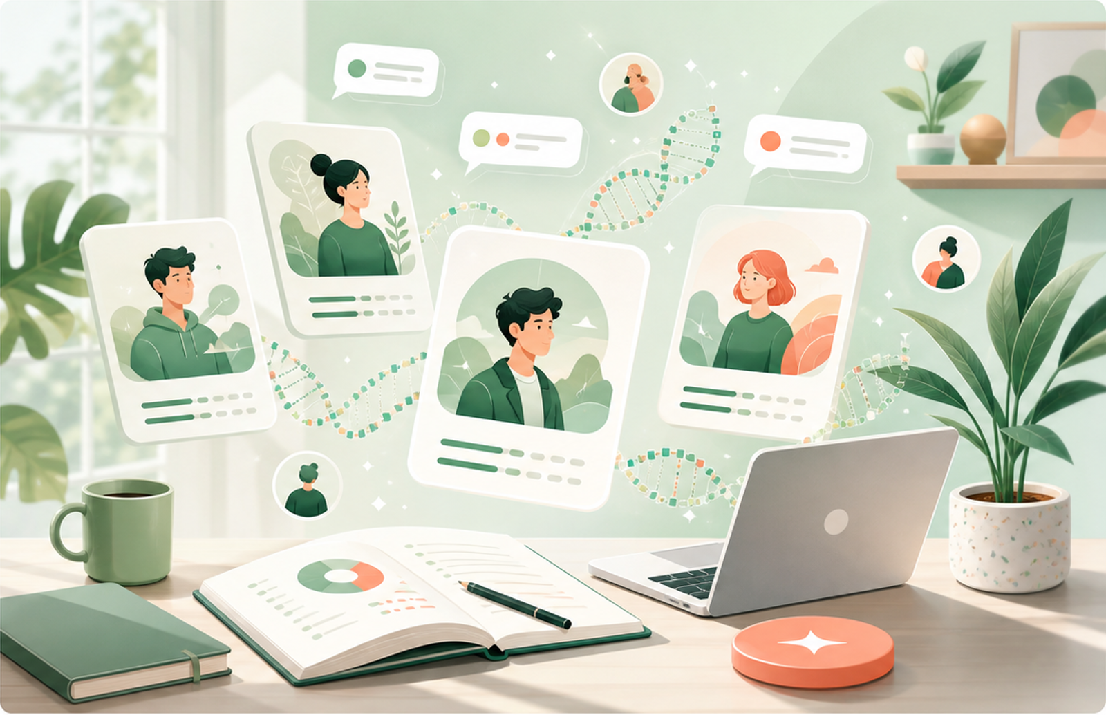 Personality cards and DNA-style result illustration